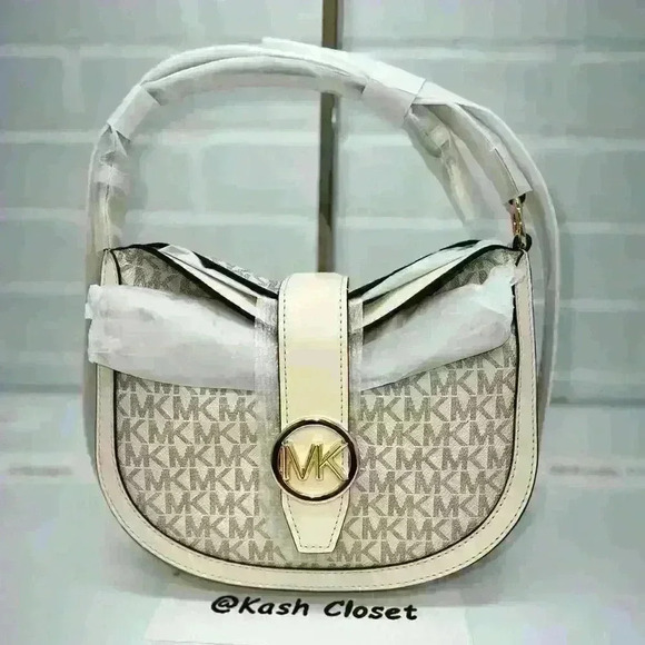 Michael Kors Gabby Crossbody Bag Small Signature Logo Hobo Purse Light Cream Mlt - Picture 1 of 5
